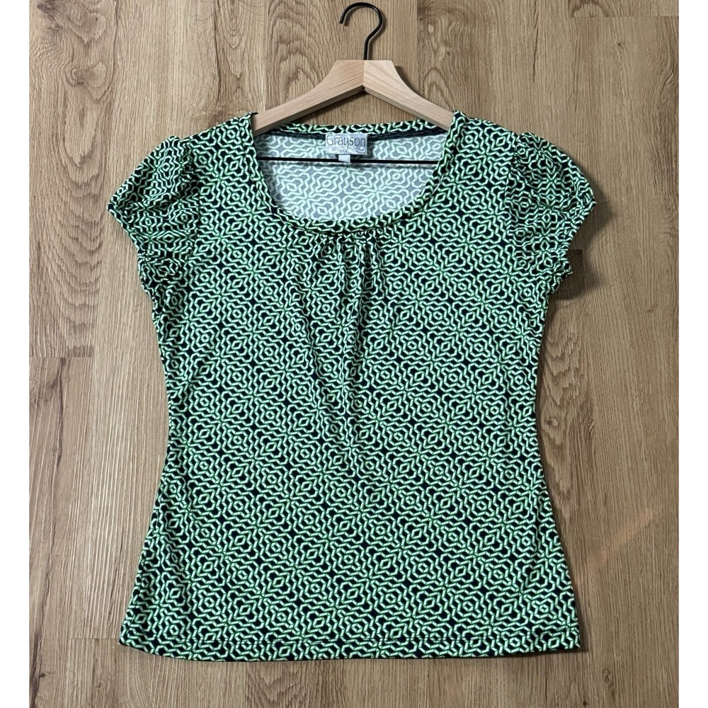 Grayson‎ Women's Top Short Sleeve Geometric Print Green Navy Blue Size Medium